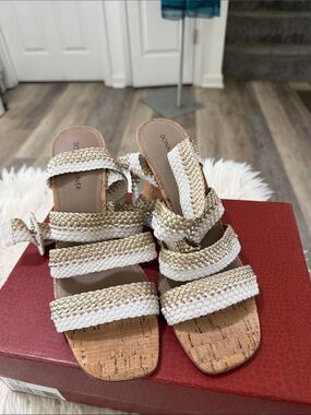 Donald J. Pliner Beige and White Braided Cork Slide Heels Size 9 NWT